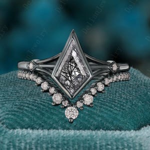 Goth Kite Cut Black Rutilated Quartz Engagement Ring Set Bezel Black Rutilated Quartz Moissanite Bridal Ring Set Art Deco Black Promise Ring