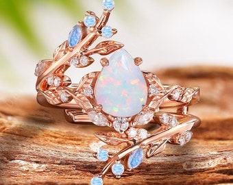 Pear Shaped Opal Engagement Ring Set, 14K Rose Gold Promise Ring, Nature Inspired Moonstone Bridal Band Leaf Wedding Ring, Anniversary Gifts