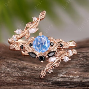 Vintage Hexagon Cut Moonstone Engagement Ring Set Rose Gold Vine Leaf Enhance Moissanite Enhance Wedding Band Unique Moonstone Bridal Set