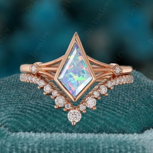 Kite Cut Opal Engagement Ring Set 14K Rose Gold Moissanite Wedding Band Art Deco Opal Bridal Set October Birthstone Anniversary Gift