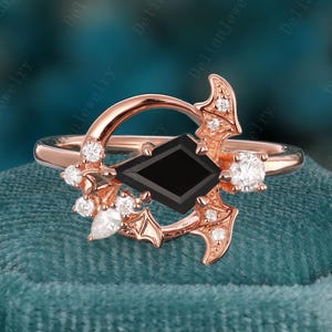 Unique Coffin Cut Black Onyx Engagement Ring Rose Gold Demon Vampire Bat Ring Unique Moissanite Black Onyx Wedding Ring Anniversary Gift