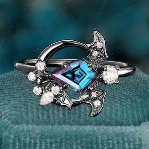 Gothic Kite Cut Alexandrite Engagement Ring Black Gold Vampire Bat Alexandrite Wedding Ring Bat Wing Ring June Birthstone Anniversary Gift