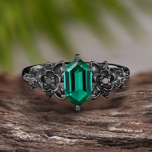 Vintage Black Gold Emerald Engagement Ring Unique Rhodium Black Witchy Ring Gothic Black Floral Bridal Promise Ring Christmas Gift For Her