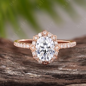 Vintage Oval Cut Moissanite Engagement Ring 14K Rose Gold Moissanite Halo Ring Unique Diamond Bridal Ring Anniversary Gift