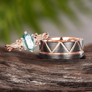 Vintage Hexagon Moss Agate Couples Ring Rose Gold Twist Engagement Ring Matching Ring Set His and Hers Wedding Band Men Brushed Ring Gifts