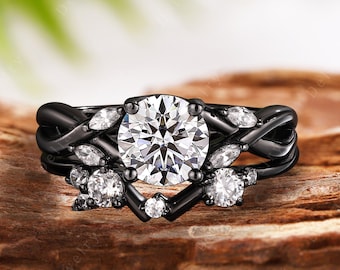 Gothic Round Cut Moissanite Engagement Ring Set Unique Moissanite Twisted Wedding Ring Black Gold Moissanite Bridal Set Anniversary Gift
