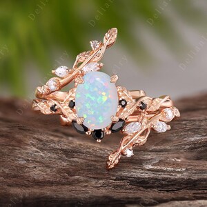 Vintage Oval Opal Engagement Ring Set 14k Rose Gold Milgrain Black Oyxn Bridal Set Unique Twig Leaf Enhancer Band Christmas Gifts For Her
