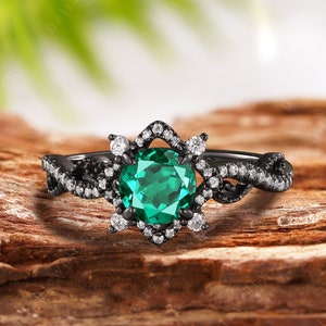 Vintage Emerald 14K Rose Gold Engagement Ring Art Deco Nature Inspired Leaf Wedding Ring Unique Promise Moissanite Ring Anniversary Gifts