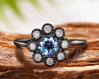 Gothic Round Cut Alexandrite Floral Engagement Ring, Vintage Alexandrite Halo Ring, Unique Black Gold Bridal Promise Ring, Anniversary Gift