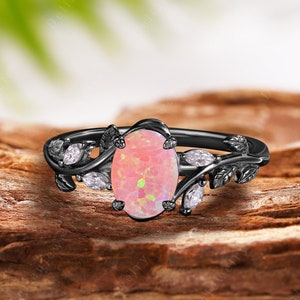 Vintage Oval Cut Pink Opal Engagement Ring Unique Rose Gold Marquise Cut Moissanite Ring Nature Inspired Twig Leaf Ring Anniversary Gifts