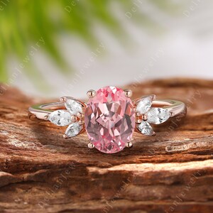 Oval  Pink Morganite Engagement Ring, Vintage Marquise Diamond Cluster Ring, 14k Rose Gold Moissanite Bridal Wedding Ring, Anniversary Gifts