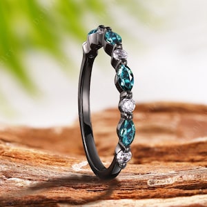 Vintage Marquise Cut Green Blue Sapphire Half Eternity Wedding Band Unique Sapphire Stackable Ring Art Deco Green Sapphire Wedding Band