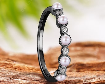 Unique Pearl Half Eternity Women Black Gold Pearl Matching Wedding Ring Delicate Pearl Stacking Ring Anniversary Gifts