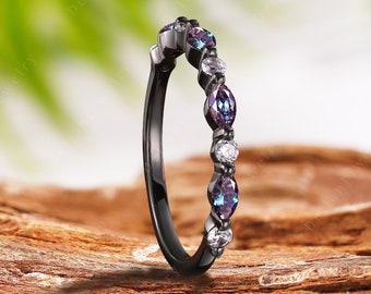 Marquise Cut Alexandrite Half Eternity Wedding Bands, Vintage Black Gold Alexandrite Stacking Ring June Birthstone Ring Anniversary Gift