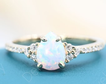 Vintage Tear Drop Natural Opal Engagement Ring,  Art Deco Diamond Micro Pave half Eternity Ring,  Unique Moissanite Ring,  Anniversary Ring