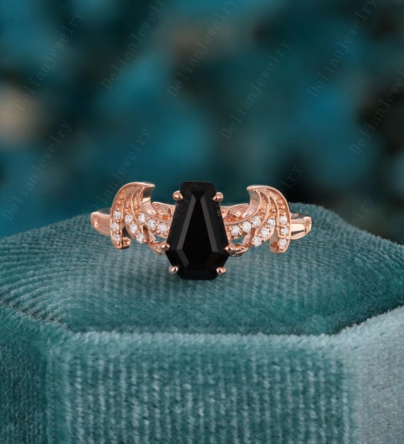 Unique Coffin Cut Black Onyx Engagement Ring Rose Gold Vampire