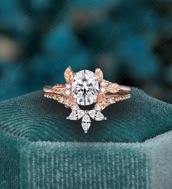 Unique Oval Cut Moissanite Engagement Ring Set Art Deco Moissanite