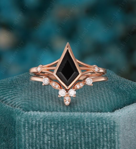 Unique Kite Cut Black Onyx Engagement Ring Set 14K Rose Gold