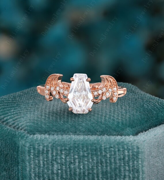 Unique Coffin Moissanite Engagement Ring Rose Gold Vampire Bat