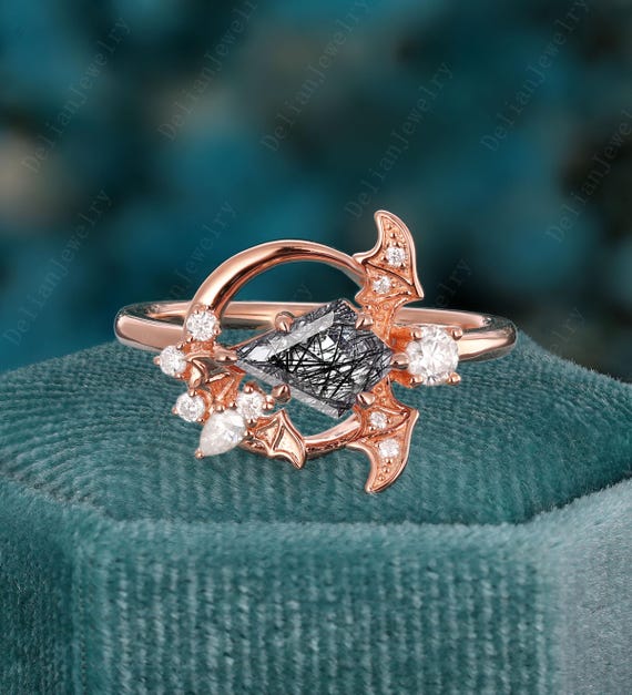 Art Deco Coffin Cut Black Rutilated Quartz Engagement Ring Rose - Main Image