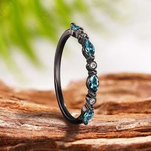Marquise Blue Teal Sapphire Half Eternity Band Art Deco Sapphire Wedding Band Black Gold Stacking Ring Anniversary Gift For Women