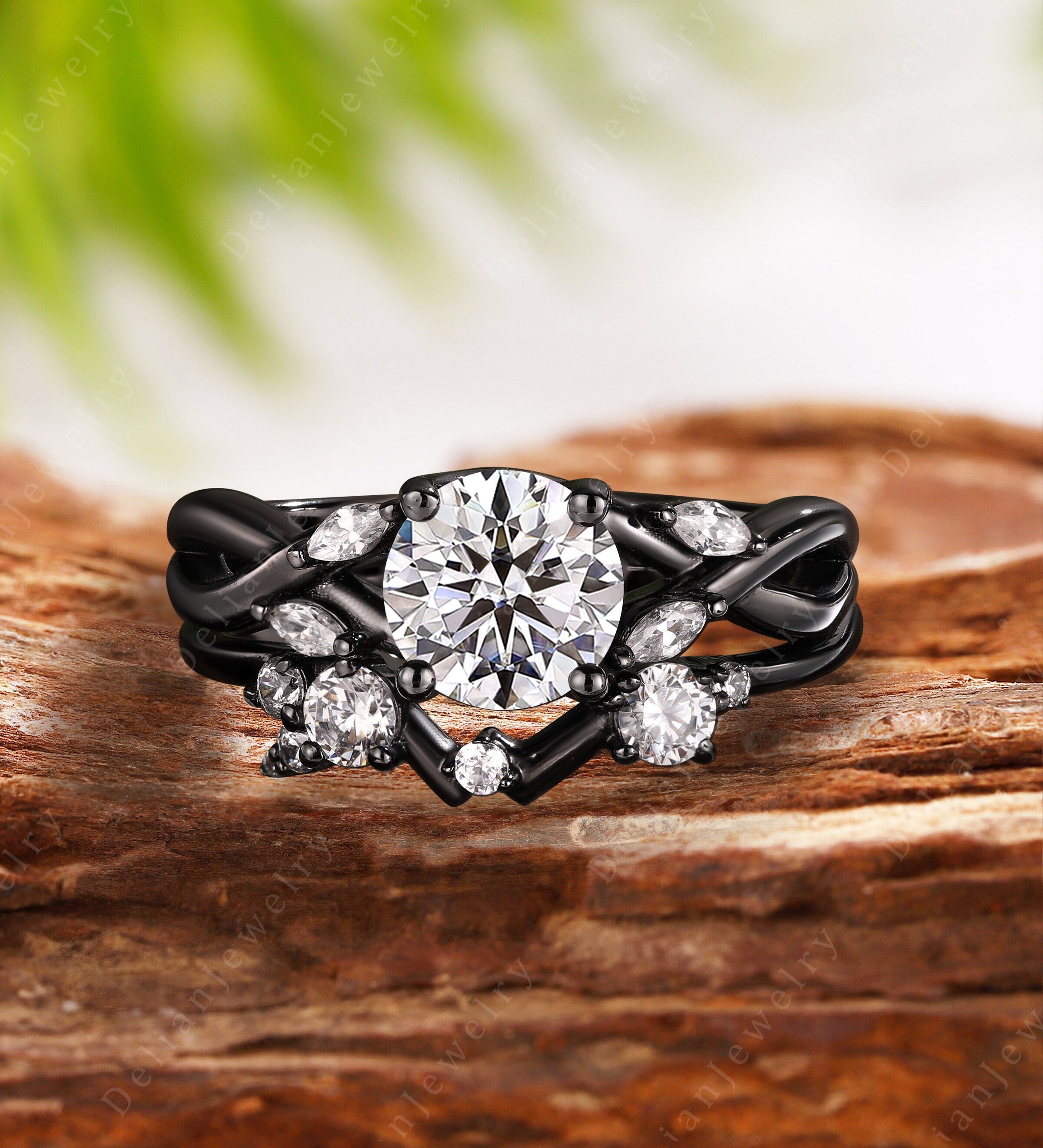 Gothic Round Cut Moissanite Engagement Ring Set Unique Moissanite Twisted Wedding Ring Black Gold Moissanite Bridal Set Anniversary Gift