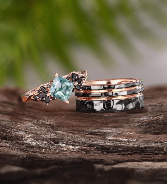 Vintage Moss Agate Couples Ring Set Solid Rose Gold Matching Ring