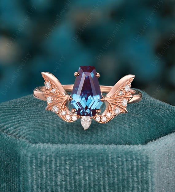 Vintage Coffin Cut Alexandrite Engagement Ring Unique Bat Wing - Main Image