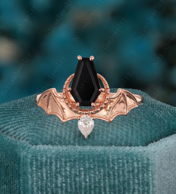 Vintage Coffin Cut Black Onyx Engagement Ring Art Deco Rose Gold