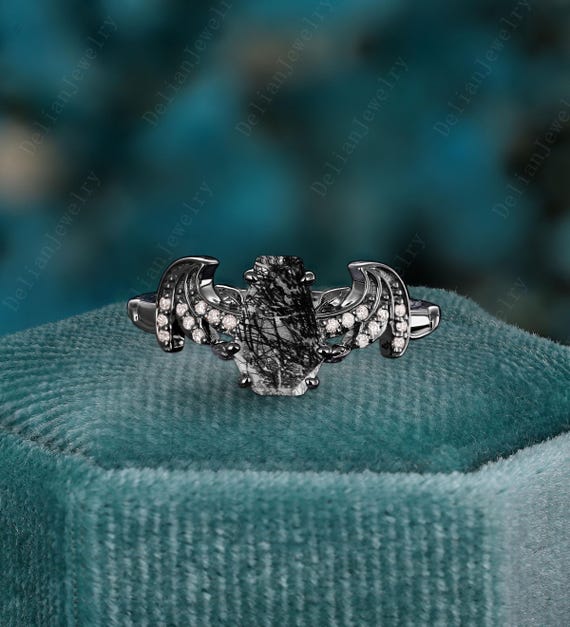 Gothic Coffin Cut Black Rutiliated Quartz Engagement Ring Black