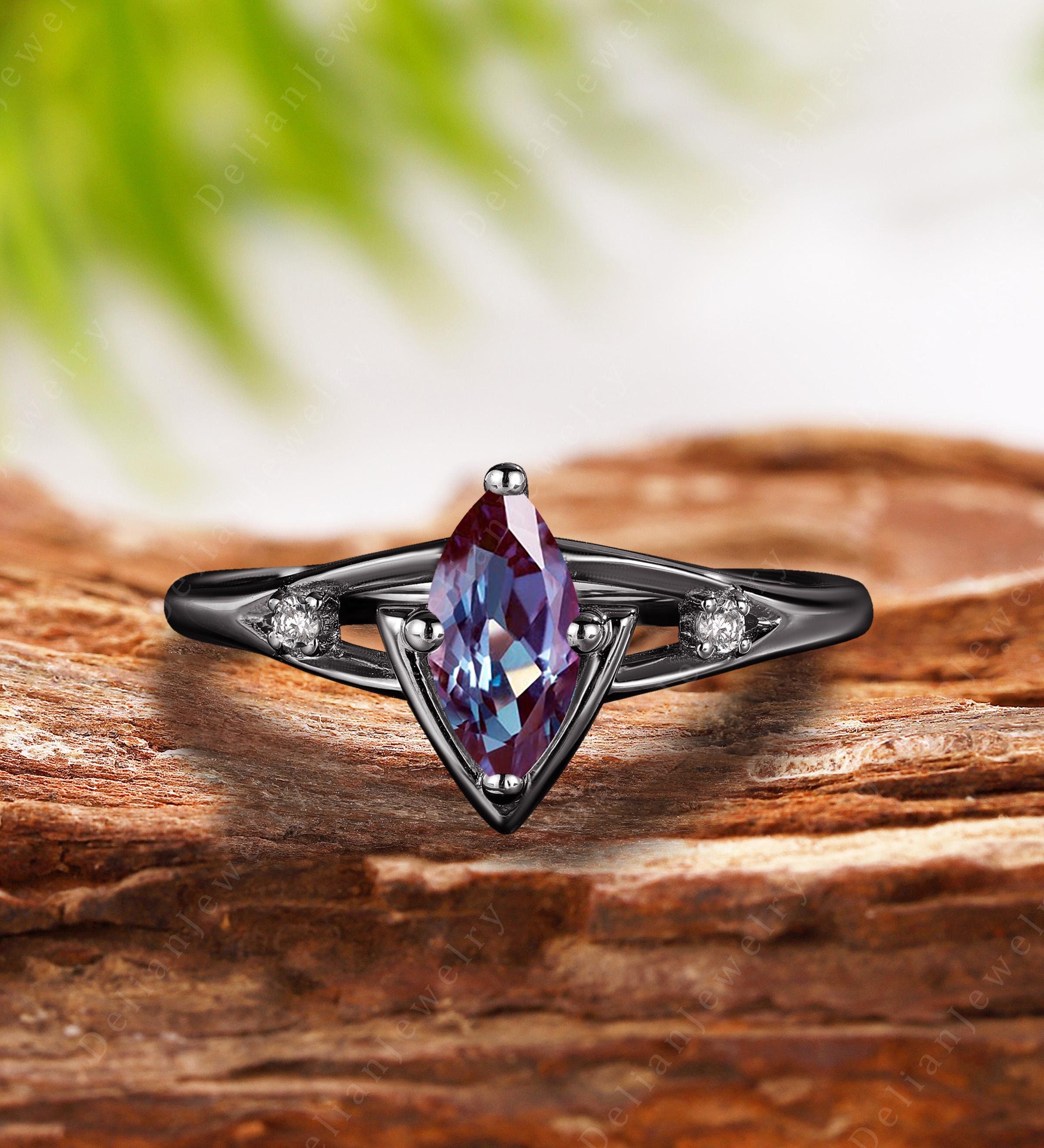 Gothic Marquise Cut Alexandrite Engagement Ring Black Gold Alexandrite Wedding Promise Ring June Birthstone Ring Anniversary Gift
