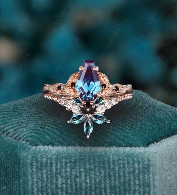 Art Deco Rose Gold Leaf Coffin Alexandrite Engagement Ring Set