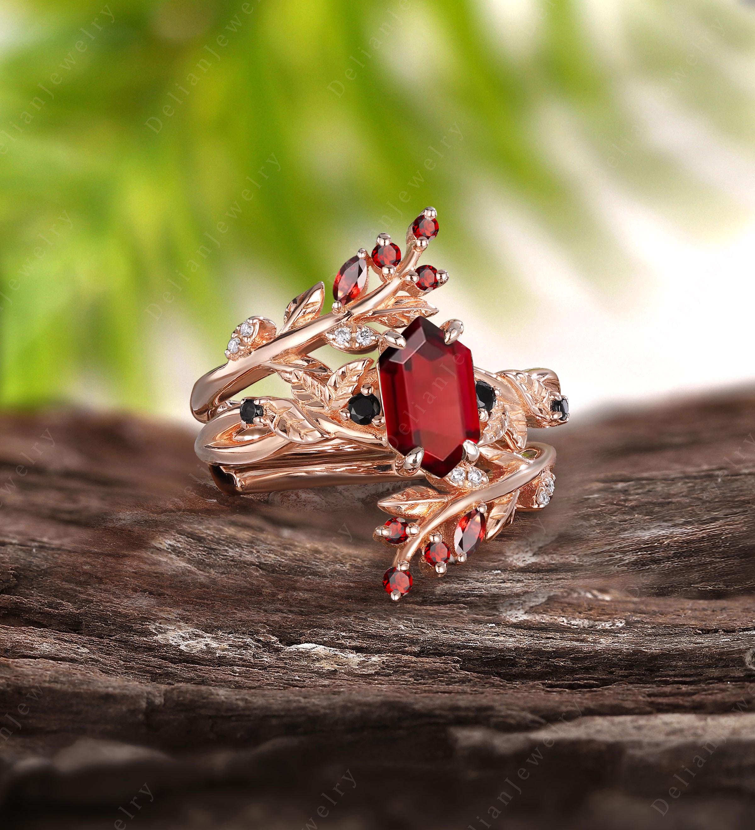 Unique Twig Vine Garnet Engagement Ring Set Art Deco Garnet