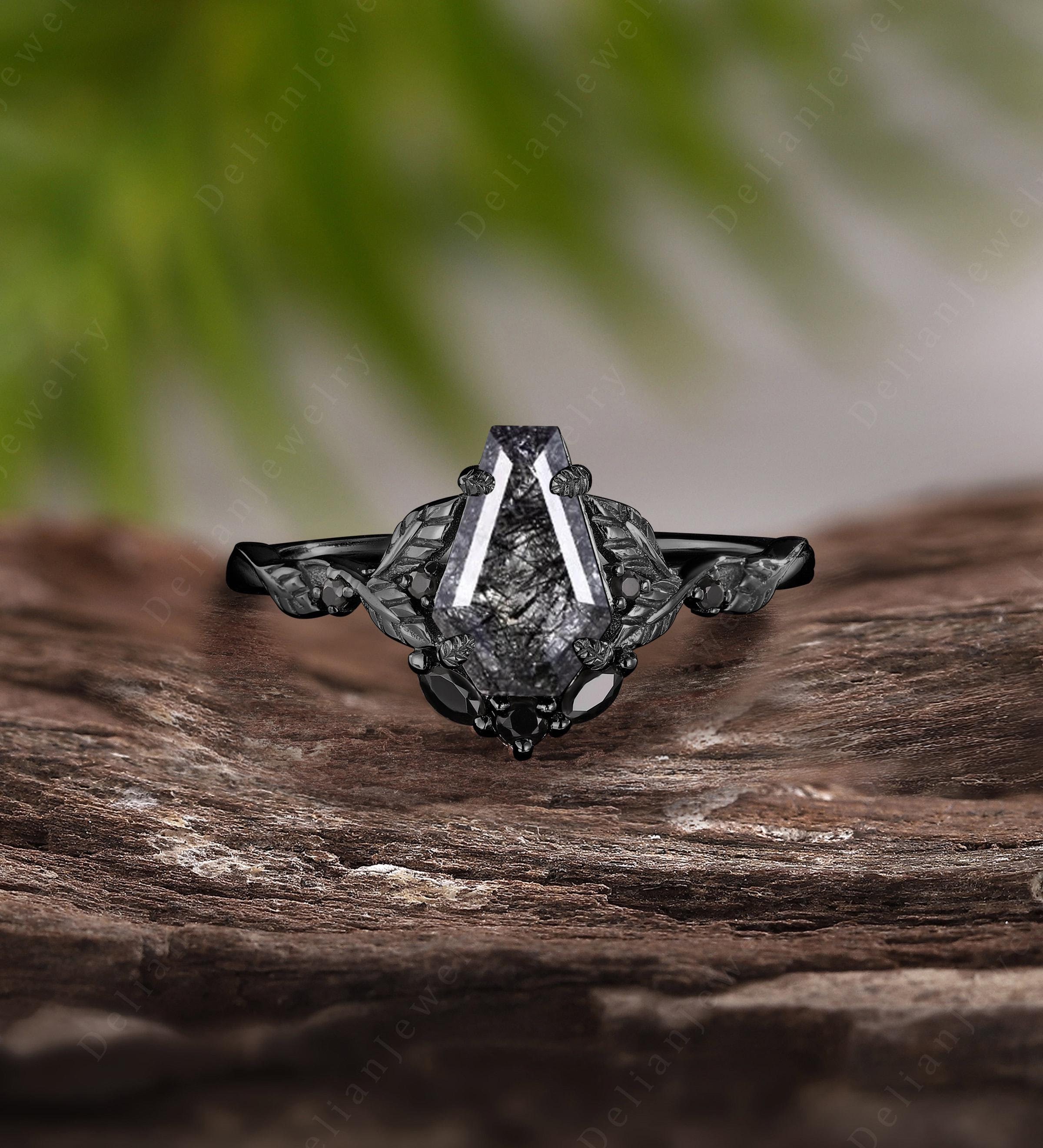 Coffin Cut Black Rutilated Quartz Engagement Ring Vintage Black Gold Twig Leaf Ring Art Deco Design Black Onyx Bridal Ring Christmas Gift