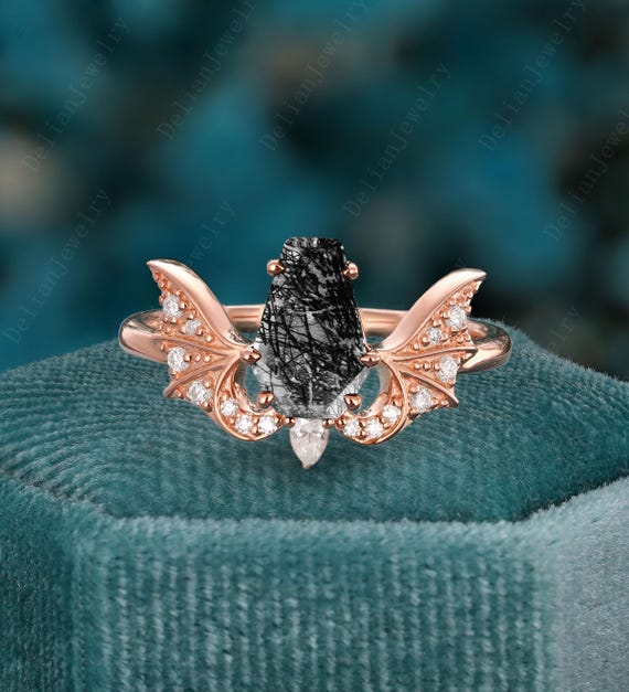 Vintage Coffin Cut Black Rutilated Quartz Engagement Ring Unique