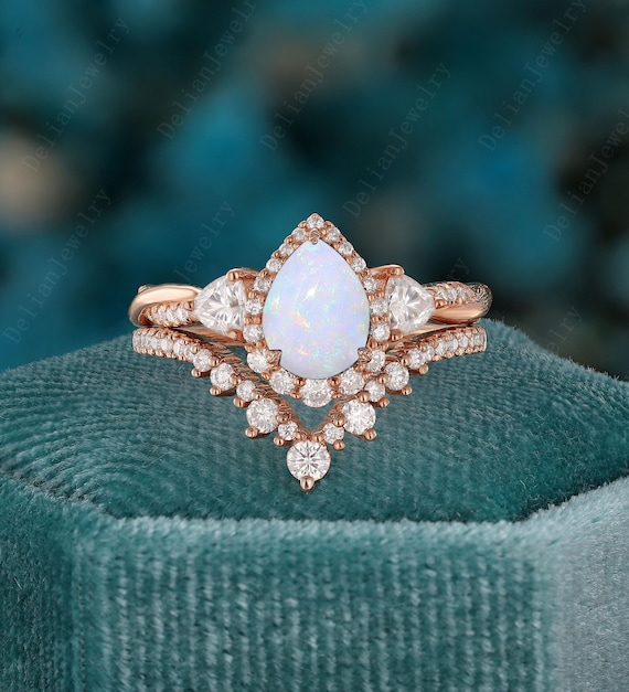 Vintage White Opal Halo Engagement Ring Set Vintage Opal Diamond