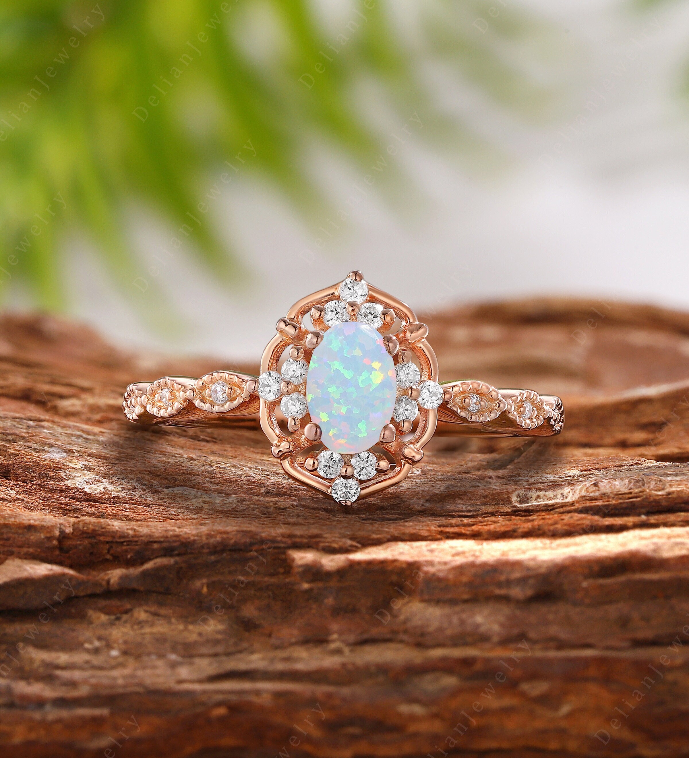 Oval Cut Opal Engagement Ring, Unique Cluster Diamond Bridal Ring, 14K Rose Gold Art Deco Milgrain Moissanit Wedding Ring, Anniversary Gift
