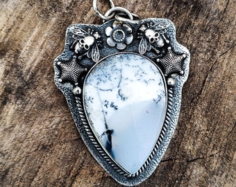 Dendritic Opal Pendant , Moth Bee Necklace , 925 Sterling Silver Plated , Gothic Pendant , Handmade Jewelry , Ocean Jewelry , Christmas
