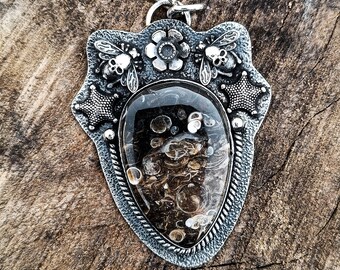 Valuable Turritella Pendant , Sea Charm Necklace , 925 Sterling Silver Plated , Handmade Jewelry , Dark Jewelry , Christmas Gift  , Elegant