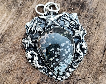 Ocean Jasper Pendant , Moth Charm Necklace , 925 Sterling Silver Plated , Handmade Jewelry , Dark Jewelry , Christmas Gift  , Sea Charm