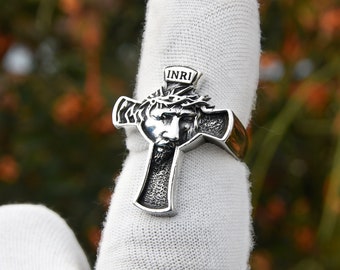 Cross Ring, Jesus Crucifix Ring, Christ Jesus Ring, Religious Ring, Silver Christian Accessory, Oxidized Ring, Gift, Silver Plated Ring