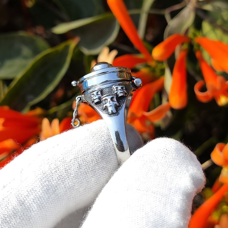 Poison Ring, Adjustable Ring, Skull Ring, Round Gemstone, Pill Box Ring, Snuff Ring, Poisoner Ring, 925 Silver Plated, For Her, Square Rings image 9