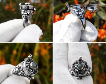 Poison Ring, Adjustable Ring, Skull Ring, Round Gemstone, Pill Box Ring, Snuff Ring, Poisoner Ring, 925 Silver Plated, For Her, Square Rings