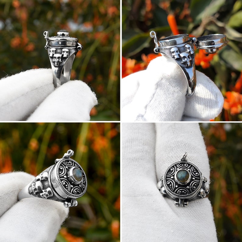 Poison Ring, Adjustable Ring, Skull Ring, Round Gemstone, Pill Box Ring, Snuff Ring, Poisoner Ring, 925 Silver Plated, For Her, Square Rings image 1