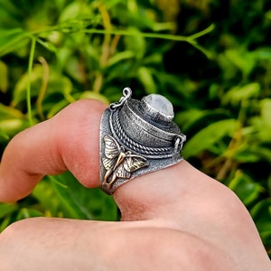 Poison Ring , Adjustable Moth Ring , Openable Ring , Silver Box Ring , Snuff Ring , Secret Ring, 925 Sterling Silver Plated, Customized Name