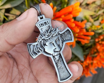 Cross Pendant, Jesus Crucifix Necklace, Christ Jesus Cross Pendant, Religious Mens Pendant, Silver Christian Accessory, Oxidized Men Medal