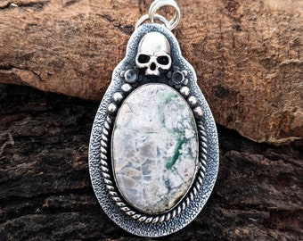 Variscite Pendant , Skull Head Necklace , 925 Sterling Silver Plated , Gothic Pendant , Handmade Jewelry , Chakra Stone , For Women