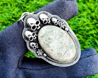 Variscite Pendant, Skull Head Necklace , 925 Sterling Silver Plated , Gothic Pendant , Handmade Jewelry , Dark Jewelry , Rare Valuable Stone