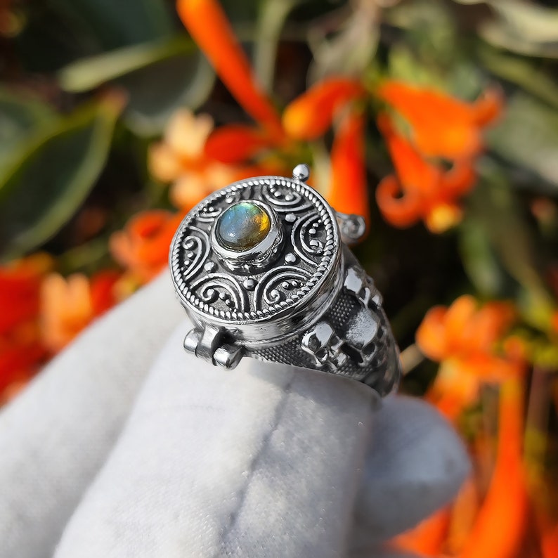 Poison Ring, Adjustable Ring, Skull Ring, Round Gemstone, Pill Box Ring, Snuff Ring, Poisoner Ring, 925 Silver Plated, For Her, Square Rings image 2