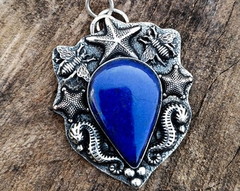 Lapis lazuli Pendant , Sea Charm Necklace , 925 Sterling Silver Plated , Handmade Jewelry , Dark Jewelry , Christmas Gift  , Elegant Stone